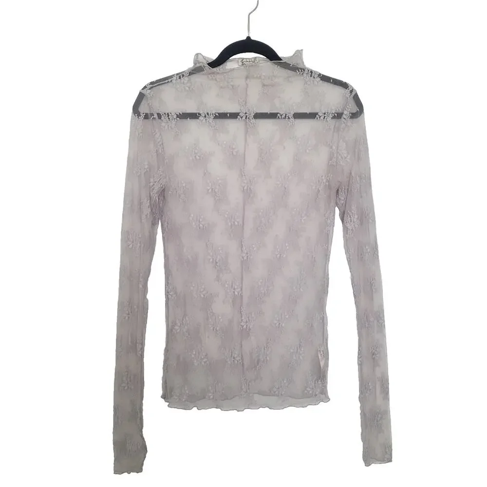Intimately Free People Sheer Floral Lace Long Sleeve Top Gray Sz L Fairy Dainty